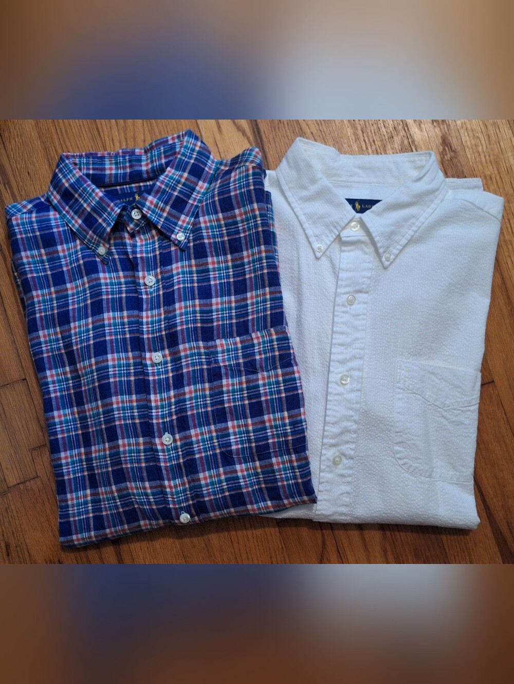 Ralph Lauren Blue Plaid Linen and White Seersucker Button-Down Shirts (2-Pack)